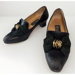 VTG 80s Peruzzi Italy Black Leather Chiffon Bow Gold Wavy Cuban Heels 34.5 US 4